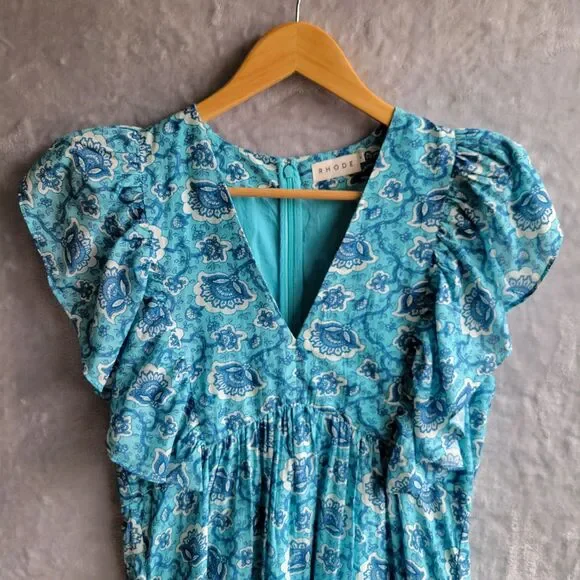 RHODE Aqua Lotus Tasha Midi Dress Size 4 Floral Print Flutter Cap Sleeve Ruffle - Picture 5 of 16